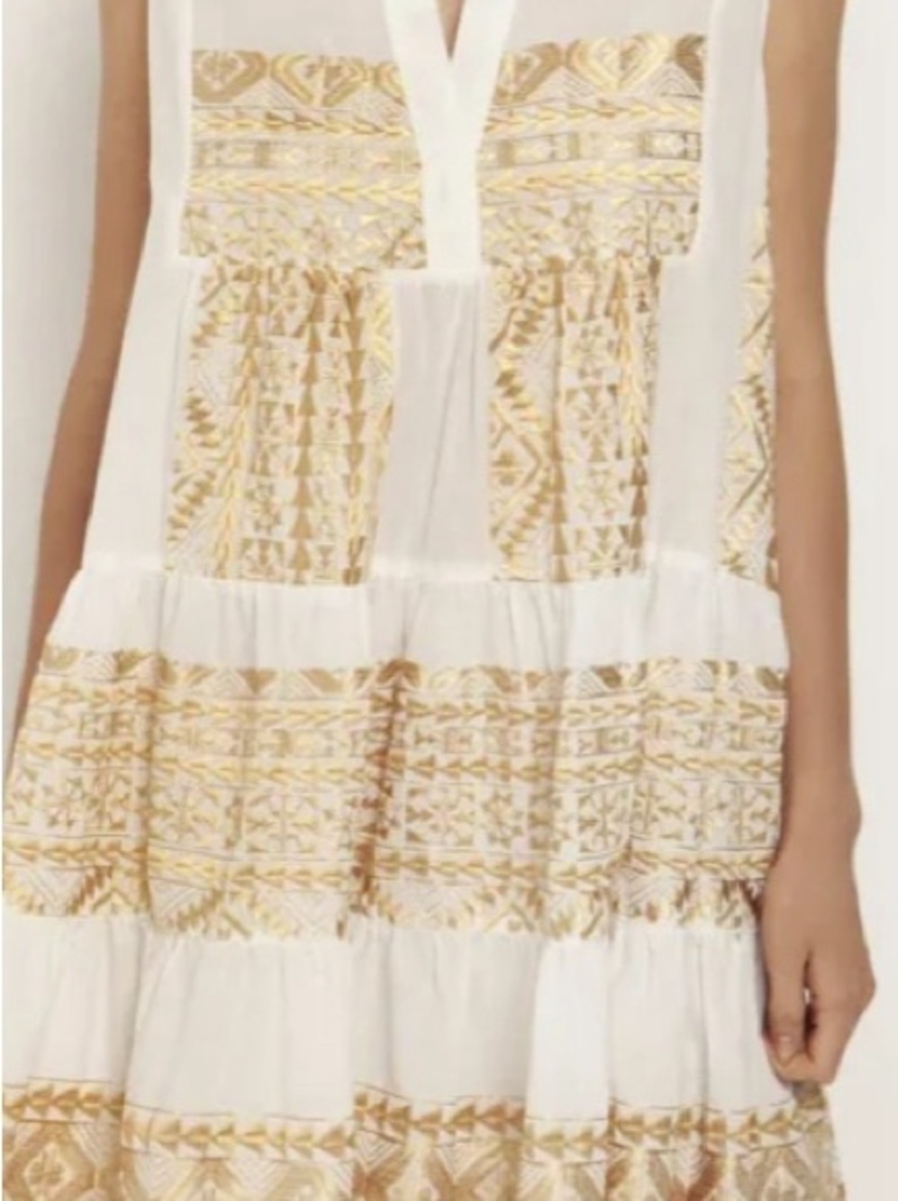 Sleeveless White Dress with Gold Embroidered Tiered Skirt